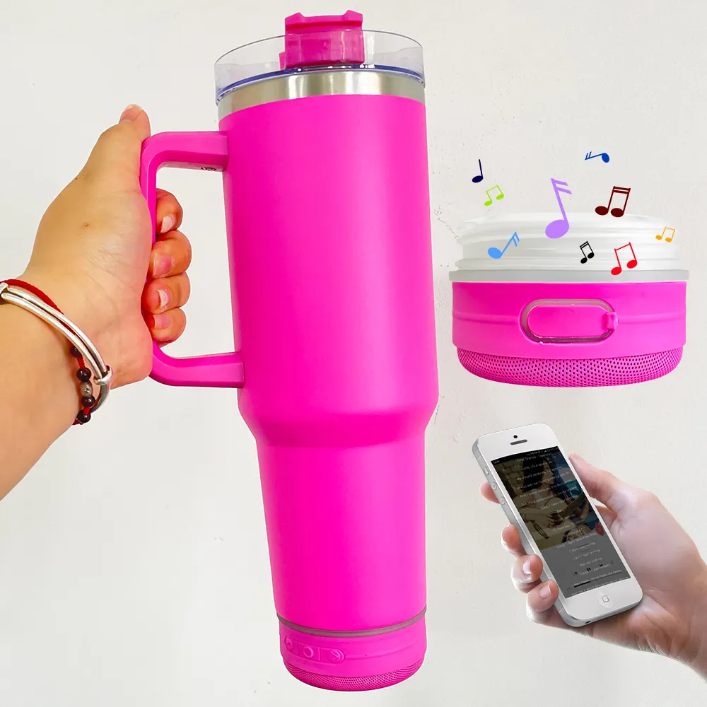 Colorful Powder Coated Vacuum Metal Music Cup Laser Engrave 40oz Insulated Handle Tumblers With Speaker and Lids And Straw