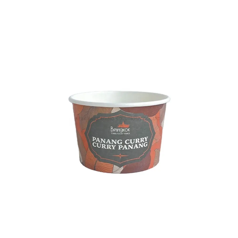 Cuenco de papel rojo Panang Curry a prueba de grasa con diseño de hoja de plátano estilo tailandés personalizado de 18oz y 560ml con tapa para comida callejera para llevar