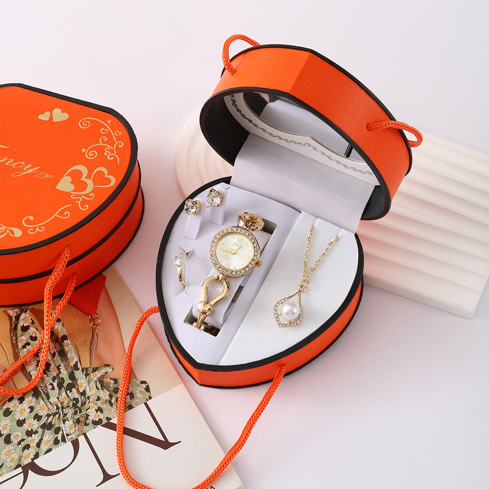 4-Piece Set-(Watch Necklace Earrings Ring) Model a [Orange]