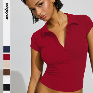 POLO col bouton femmes T-Shirts manches courtes moulant <span class=keywords><strong>sport</strong></span> haut court extensible t-<span class=keywords><strong>shirt</strong></span> Y2K - Product Image 1