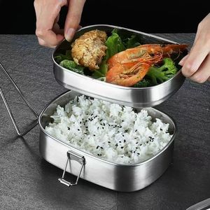 Stainless Steel <b>Lunch</b> <b>Box</b> Double Layer Rectangle Sealed Bento <b>Box</b> Portable With Handle For Students - Product Image 2