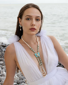 طقم الفراشة الفيروزي الجديد من ليكسين | مطلي بالذهب ومرصع بالزركون الرومانسي، أقراط وقلادة للحفلات والخطوبات والذكريات - Product Image 5