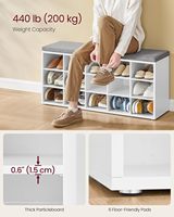 Banc à chaussures moderne en panneaux de bois massif avec 15 compartiments, siège rembourré blanc nuage et gris tourterelle pour meubles de salon