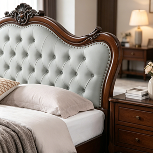 Traditional Queen Size Wood Bed Frame with Tufted Faux Leather Upholstery and Mahogany Finish - Product Image 3