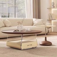 Mesa de Centro Redonda de Acrílico con Cajón, Estilo Moderno y Minimalista, Tapa de Madera Maciza, Cajón de Madera Ecológica E1, Color Blanco Crema, para Sala de Estar
