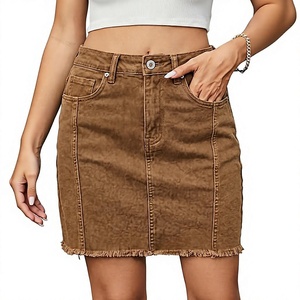 High Waisted <b>Brown</b> Denim Mini <b>Skirt</b> Solid Color Distressed Pockets Casual Women's <b>Pencil</b> Fit Summer Style - Product Image 1