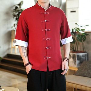 เสื้อเชิ้ตแขนสั้นลายสัตว์สไตล์จีนฤดูร้อนสำหรับผู้ชายวัยกลางคนและผู้สูงอายุ ผ้าแจ็คการ์ด โพลีเอสเตอร์ ลายแมนดาริน - Product Image 1