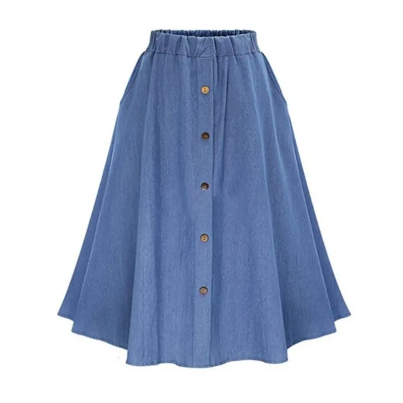 Fashion Korean Preppy Style Denim Skirts Women Solid Color Long Skirt Nature Waist Female Big Hem Casual Button Jean Skirt