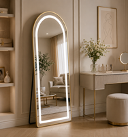 Miroir sur pied pleine longueur à commande tactile LED tricolore personnalisé avec cadre en alliage d'aluminium doré pour salon