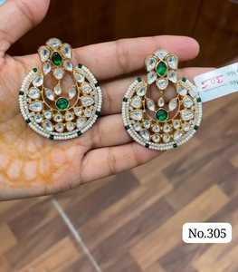 Elegant Gold Plated Kundan Chandbali <b>Earrings</b> with White Stone Embellishments Green Accents and Striking <b>Red</b> Center Stone - Product Image 4