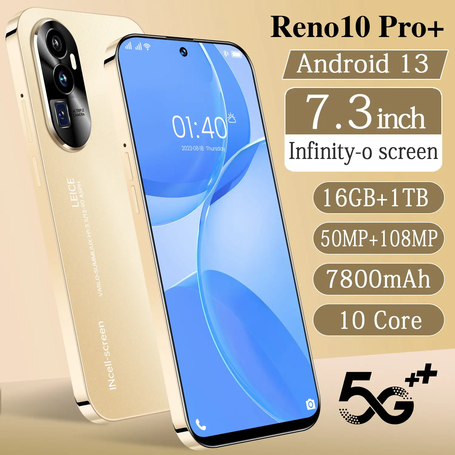 Telefone de venda quente Reno 10 PRO + original 7.3 polegadas 16GB + 1TB exibição completa do telefone celular Smartphone