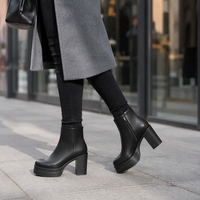 Nouvelles Bottines Classiques Femme Automne Hiver 2026 à Talon Haut Épais Double Plateforme en Cuir Véritable Chauffantes avec Fermeture Éclair Latérale Noires