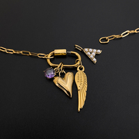 Bracelet Chaîne Trombone en Acier Inoxydable Plaqué Or 14K pour Femme avec Breloque Cœur Aile Lettre Zircon Violet Bijoux Emanco