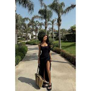 Robe de soirée longue noire Astrid avec fente, taille empire, style fourreau droit, ornée de perles et de strass, en polyester, pour soirée, tailles XS-XL - Product Image 6