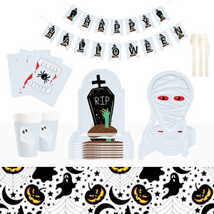 Ensemble de vaisselle pour fête d'Halloween DAMAI, éléments croix et <span class=keywords><strong>pierre</strong></span> <span class=keywords><strong>tombale</strong></span>, assiettes en papier et moule fantôme pour fournitures d'Halloween, pour 8 invités - Product Image 1