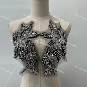 Mới màu Đen-bạc Rhinestone pha lê vạt áo đính vá cho Ăn mặc