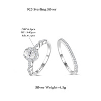 Ensemble de bagues de fiançailles en argent S925 avec 2 moissanites ovales en halo, tige torsadée pavée et alliance de mariage incurvée empilable pour femme