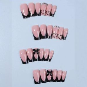 Unghie Finte CTTHNBD a Pressione Media, Forma Coffin con French Tip Nere, Decorazioni a Fiocco e Cuore, Unghie Acriliche per Donne, 24 Pezzi - Product Image 2