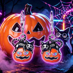 Orecchini pendenti smaltati a forma di gatto, teschio e zucca per donna, gioielli di moda di tendenza per Halloween - Product Image 2