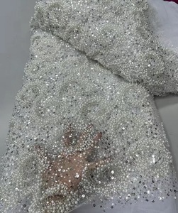 Mới Đến Phi Pháp Ren Vải Màu Xanh Lá Cây Thêu Ngọc Trai Nặng Đính Cườm Sang Trọng Ưa Thích Thân Thiện Với Môi 100% <span class=keywords><strong>Polyester</strong></span> 5 Yards Cho - Product Image 6