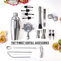 Ensemble de shaker à cocktails de luxe en acier inoxydable réutilisable de 19 pièces avec support, doseur de 15/30 ml, cuillère à mélanger, pour usage en bar