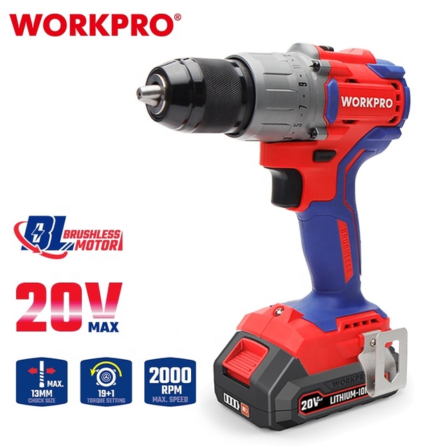 WORKPRO 20V 13MM Brushless Drill Set Include Li-ion Battery Cordless Power Drill