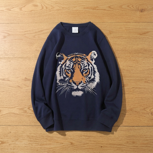 Men's <b>Navy</b> Blue Tiger Print Crewneck <b>Sweatshirt</b> Regular Fit Cotton Knitted Pullover Casual Autumn Wear - Product Image 3