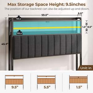 Cabecera <span class=keywords><strong>para</strong></span> Cama Queen Size con Almacenamiento, Puertos USB y Tipo C, Altura Ajustable, Tapizada en Lino Negro, Cómoda y Moderna - Product Image 2