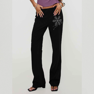 <span class=keywords><strong>Pantaloni</strong></span> a Zampa <span class=keywords><strong>Neri</strong></span> con Fiori in Strass per <span class=keywords><strong>Donna</strong></span>, Vita Alta, Casual, per Serate e Streetwear Quotidiano - Product Image 2