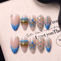 Faux ongles à presser en PMMA faits main, motif vague océanique, incrustation émail, forme amande moyenne, couvrance totale, 10 pièces