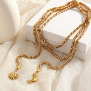 Kalung Liontin Tiga Untaian Terjalin Model Y, Baja Anti Karat 316L, Warna Emas Tua, Liontin Matahari Bulan, Gaya Vintage, Perhiasan Wanita, Model V-Neck Panjang - Product Image 6