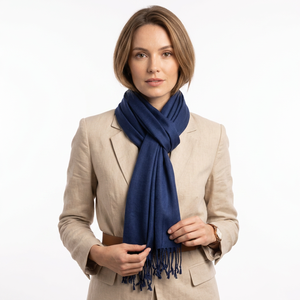 Navy Blue Solid Color Soft Warm Pure Merino <b>Wool</b> Woven Twill Shawl Scarf Unisex Handmade Skin-Friendly Breathable Winter/Autumn - Product Image 1
