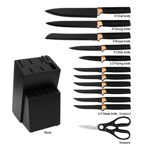 Juego de <span class=keywords><strong>Cuchillos</strong></span> de Cocina de 14 Piezas con Bloque, Venta al por Mayor |   6 <span class=keywords><strong>cuchillos</strong></span> para carne, tijeras y afilador incorporado |   Recubrimiento Antibacteriano Negro - Product Image 2