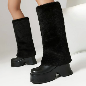 Women High Wedge Heels Plush Fur Long Booties on Fluffy Knee High <b>Boots</b> Winter Thick Furry Snow Shoes - Product Image 1