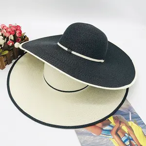 新款白黑沙滩配色帽子可折叠太阳帽女夏户外草帽