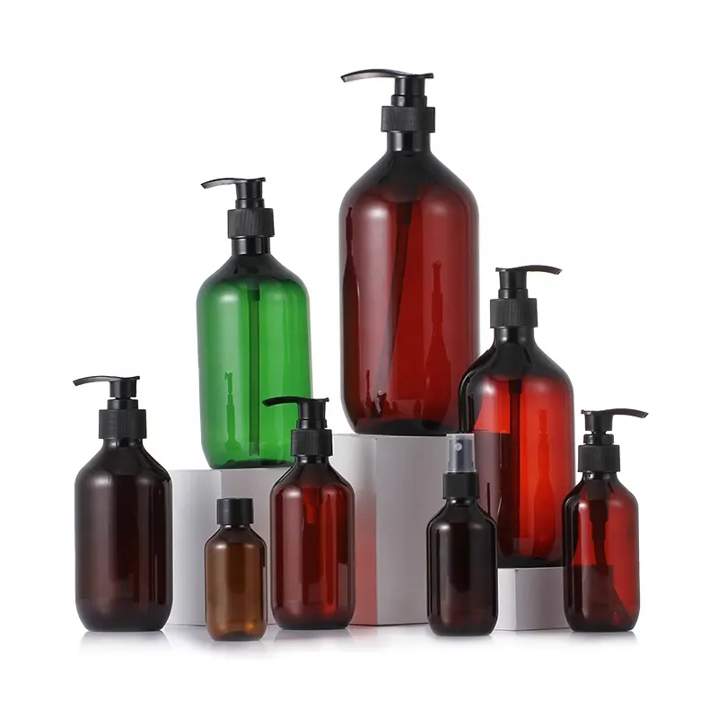 Vazio Amber Verde 250ml 300ml 500ml PET Plastic Shampoo Shower Gel Loção Bomba Garrafas para Shampoo e Condicionador Garrafas Cabelo