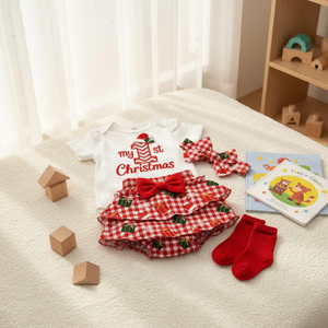Vestito Natalizio per Neonata 0-18 <span class=keywords><strong>Mesi</strong></span>, Set <span class=keywords><strong>4</strong></span> Pezzi: Body a Maniche Lunghe, Pantaloncini con Volant, Fascia con Fiocco, Calzini - Regalo per le Feste - Product Image 3