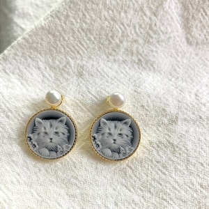Nouvelles boucles d'oreilles <span class=keywords><strong>camée</strong></span> chat sculptées à la main en pierres précieuses naturelles à la mode de 15mm pour cadeaux - Product Image 6