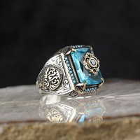 Bague punk en argent plaqué avec cristal bleu, pierre précieuse, style hip-hop vintage, bague carrée en diamant bleu pour homme, vente en gros