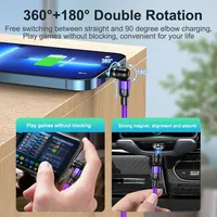 Câble magnétique USB Type C Micro USB 1M 2M, chargeur de téléphone, câble de données LED, rotation à 540 degrés, angle droit pour iPhone pour Xiaomi