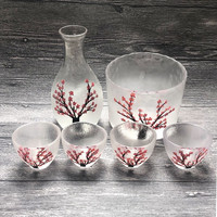 Service à saké en verre de cristal à motif de cerisier de style japonais avec baril de bouteille de saké et 4 tasses à saké