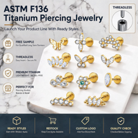 Aopo ASTM F136 Titane de qualité implantable, Stud labret sans filetage à tige plate, avec Zircon cubique en forme de cœur, pour piercing lèvre, hélix, conque, 16G