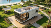 Capsule spatiale mobile préfabriquée en acier, design moderne, remorquable à double essieu, pod de glamping avec grande fenêtre vitrée pour hôtel