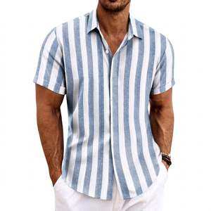 Chemises en coton pour hommes en gros, ODM, à manches courtes, imprimées feuilles de palmier hawaïennes, rayées, décontractées, avec patte de boutonnage recouverte, pour l'été et la plage - Product Image 1