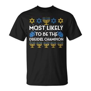 Maglietta Hanukkah con la scritta: Il più probabile da diventare campione di Dreidel - Product Image 1