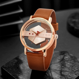 TOMI T100 Hollow <b>Perspective</b> Quartz Watch | Rose Gold Case · Brown Leather Strap · Unisex Fashion · Couple Style - Product Image 3