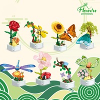 103F1-8 Model Mainan Lebah Kupu-kupu Serangga Tanaman Bonsai dalam Pot Mini Blok Bangunan Figur Plastik Dekorasi Bunga untuk Anak Perempuan