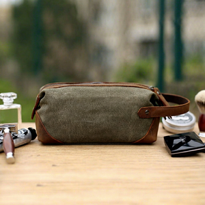 Premium <b>Mens</b> Canvas Leather Toiletry Bag Custom Logo Vintage Travel Dopp Kit Waterproof Shaving Cosmetic <b>Pouch</b> LCTB-0007 - Product Image 1