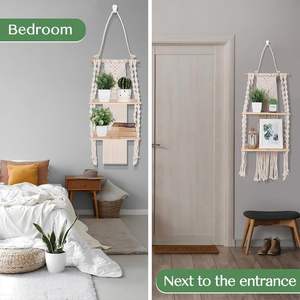 Lot de 2 étagères murales en macramé, style bohème à double couche, support flottant en bois pour plantes, décoration intérieure - Product Image 6