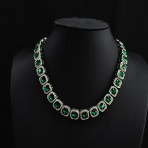 Hot Selling Luxury Vintage Fashion Green Rhinestones Diamond Hip Hop Iced Out Chain Women Choker Necklace